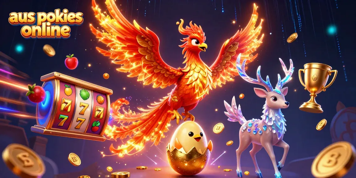 Experience thrilling aus pokies online with vibrant illustrations of a phoenix, slots, and vivid casino elements.