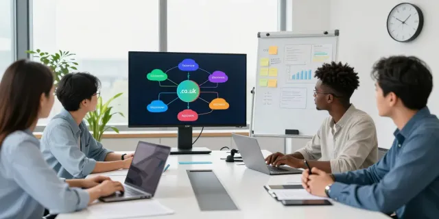 Team collaborating in a modern office to register a .co.uk domain name.