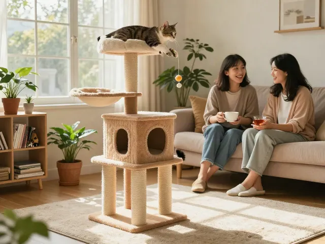 Playful cat on a cat tree with family around in a cozy living room.