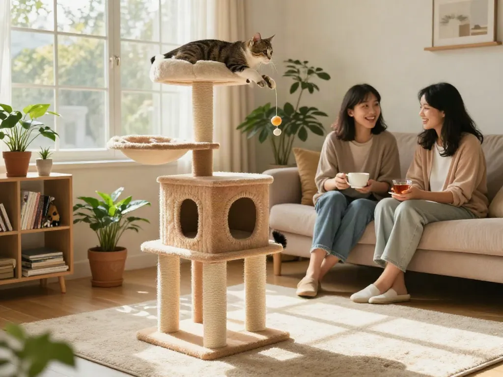 Playful cat on a cat tree with family around in a cozy living room.