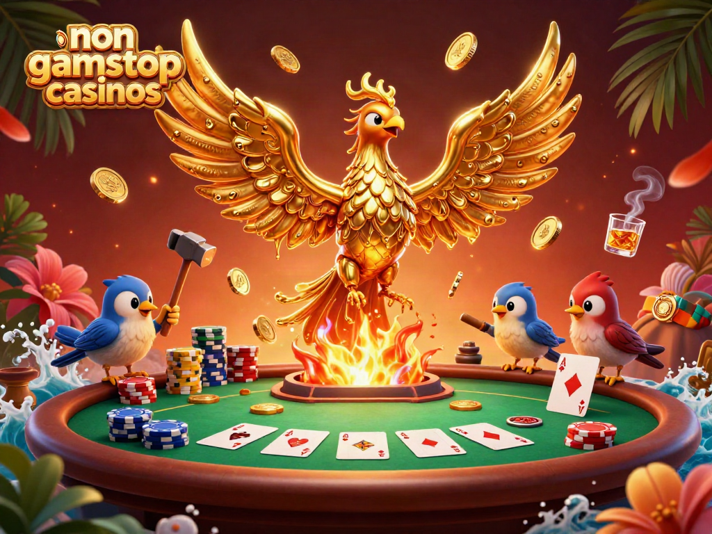 Engage with non gamstop casinos featuring a golden phoenix and poker elements in a vibrant 3D scene.