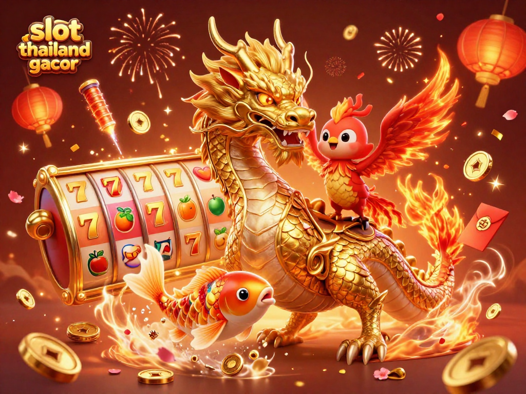 Engage with slot thailand gacor as a fierce dragon, phoenix, and koi fish celebrate with slots and vibrant colors.
