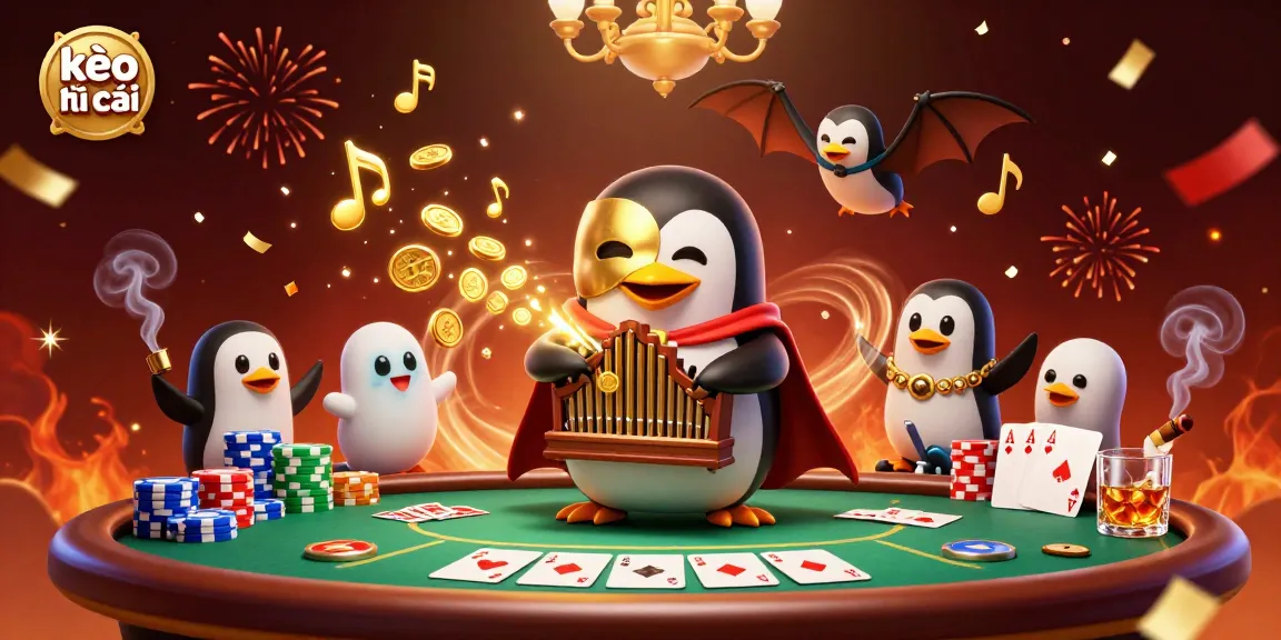 Engaging illustration of kèo nhà cái featuring a penguin at an organ with coins, poker tables, and festive elements