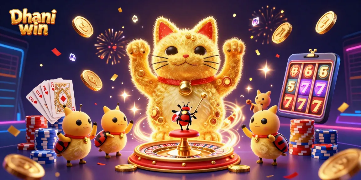 Dive into the excitement with Dhani win, showcasing a vibrant scene of casino elements and a lucky cat animation.